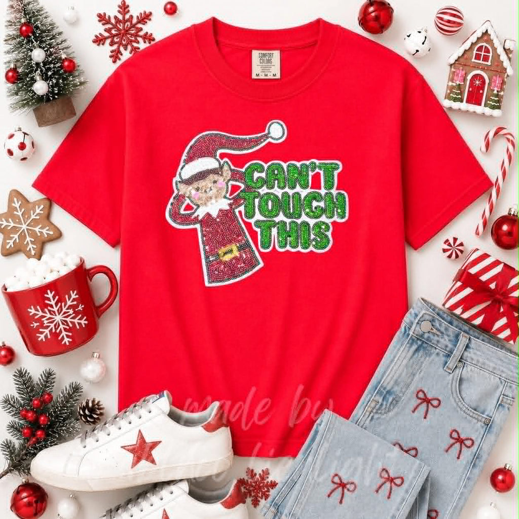 Can't Touch This Elf Christmas Sequin Patch Tshirt