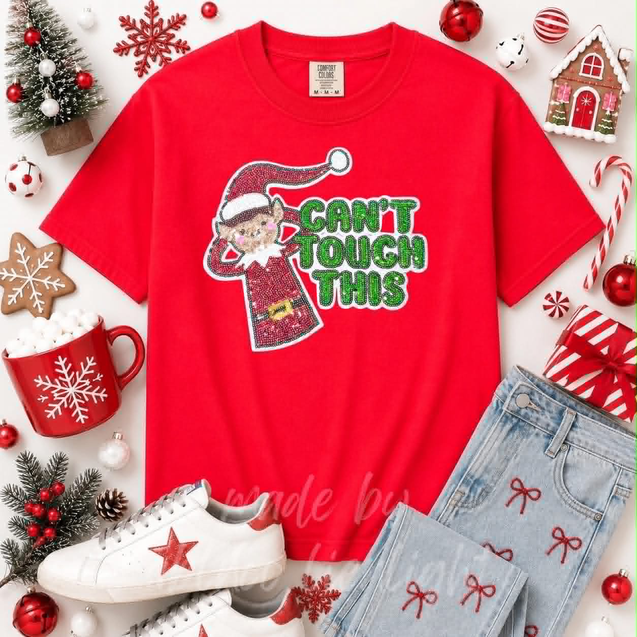 Can't Touch This Elf Christmas Sequin Patch Tshirt