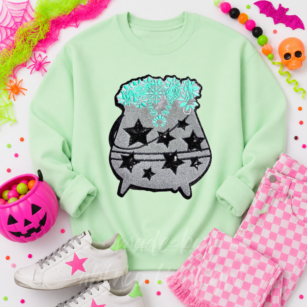 Turquoise Cauldron Halloween Sequin Patch - Large