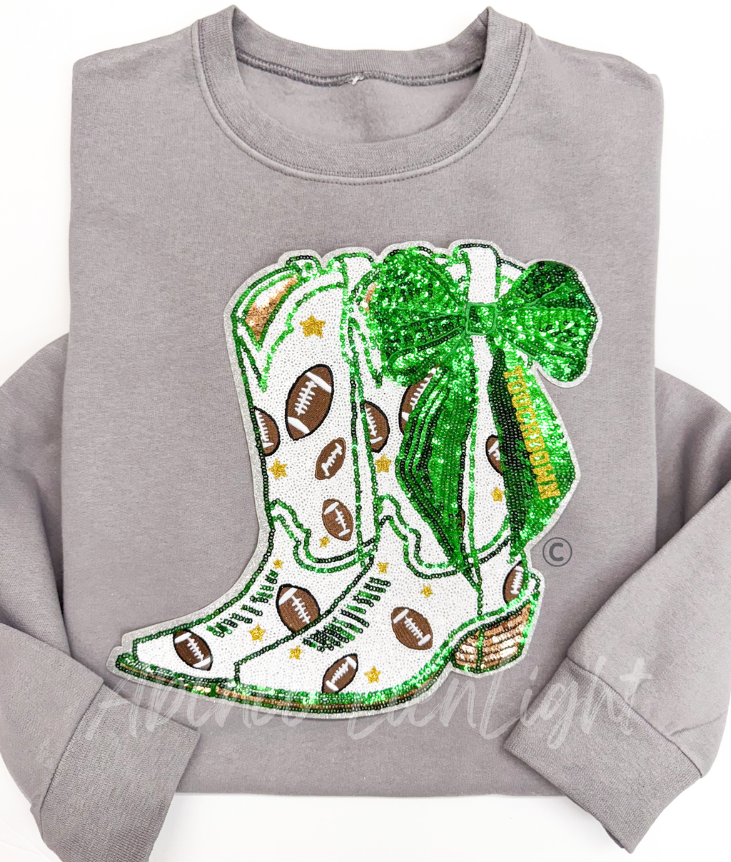 Green Bow Boot Touchdown Football Sequin Patch - Large
