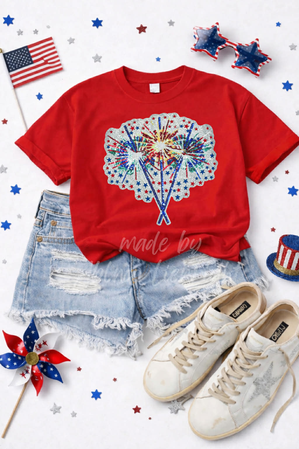 Red White and Blue 4th of July Sparklers Sequin Patch Tshirt