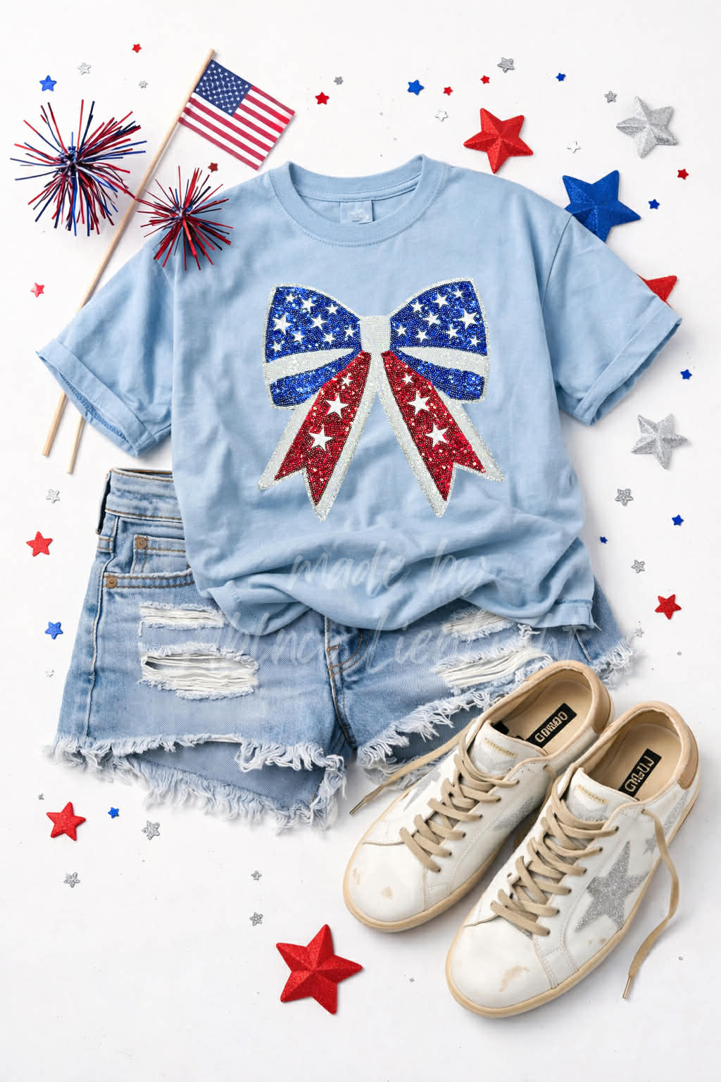 Red White and Blue 4th of July Bow Sequin Patch Tshirt