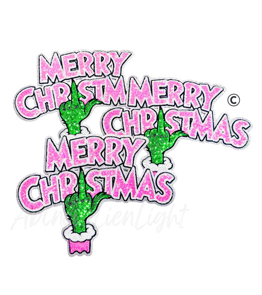 Merry Christmas Grinch Hand Sequins Christmas Patch