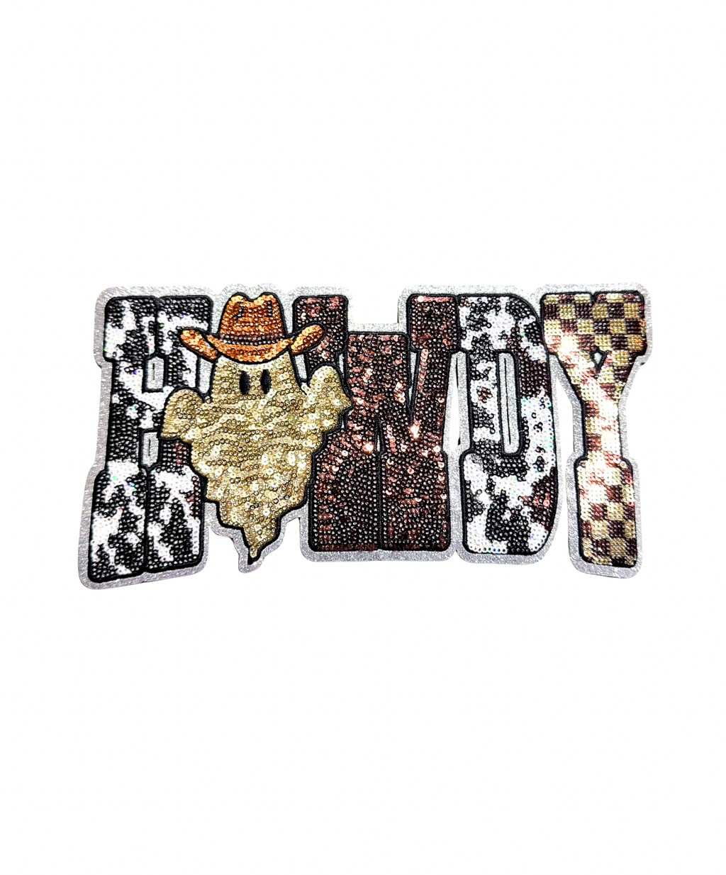 Cow Print Ghost Howdy Halloween Sequin Patch - Large