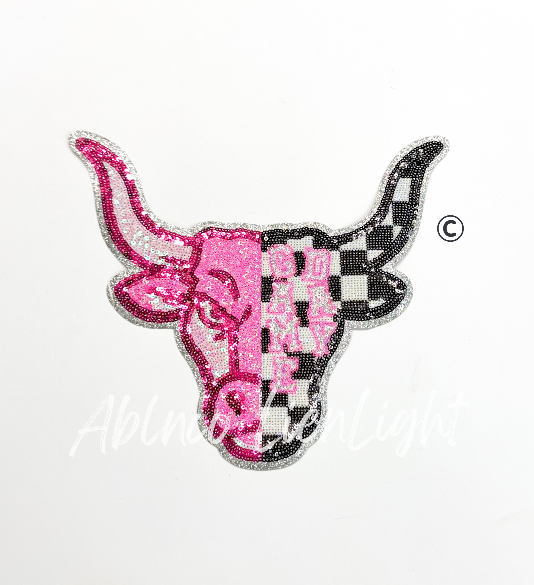 Bull Longhorn Mascot Pink Checkered Sequin Patch - Large