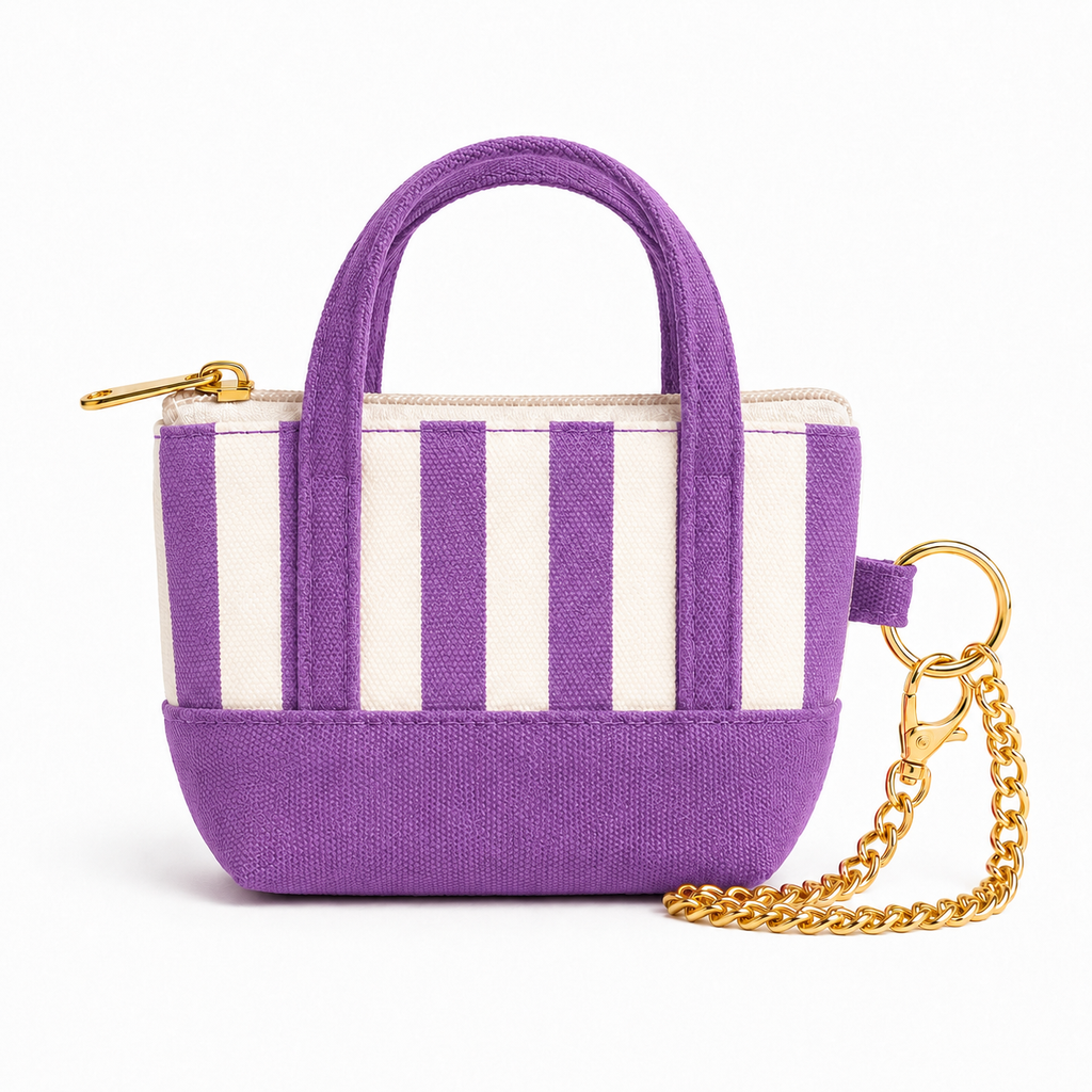 Purple Striped Mini Tote Bag Keychain | Zippered Purse Charm & Pouch