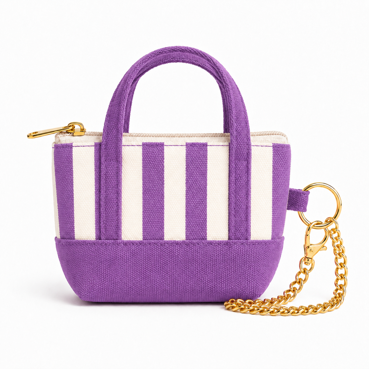Purple Striped Mini Tote Bag Keychain | Zippered Purse Charm & Pouch