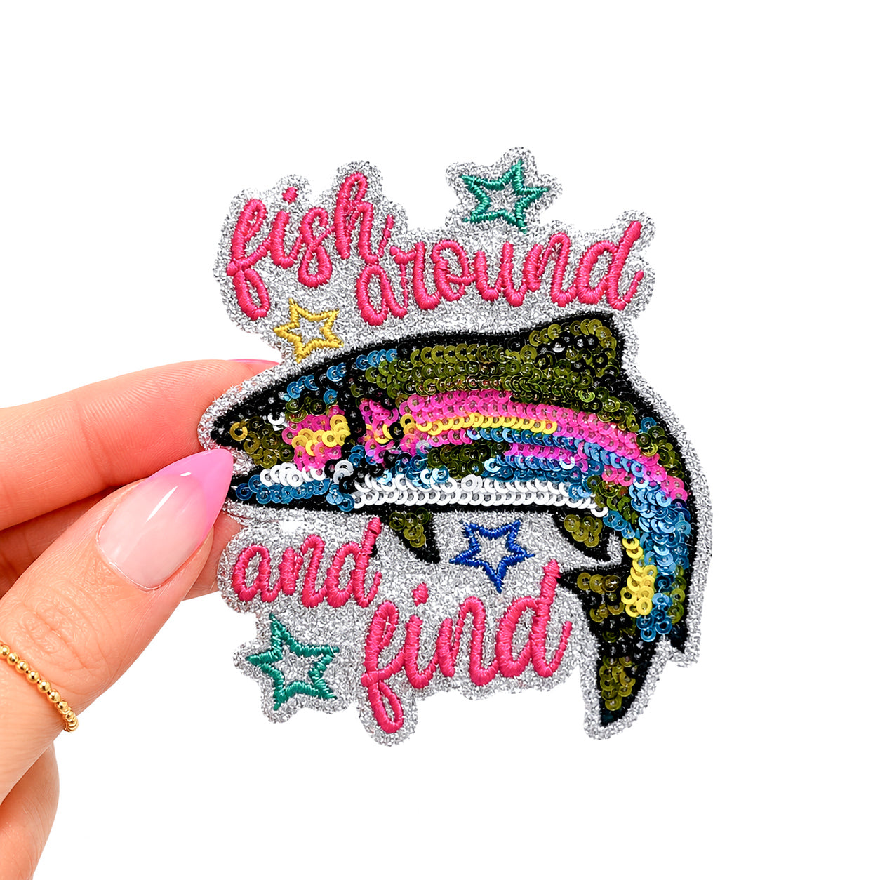 Fish Around And Find Trout Summer Sequin Embroidery Patch - Small