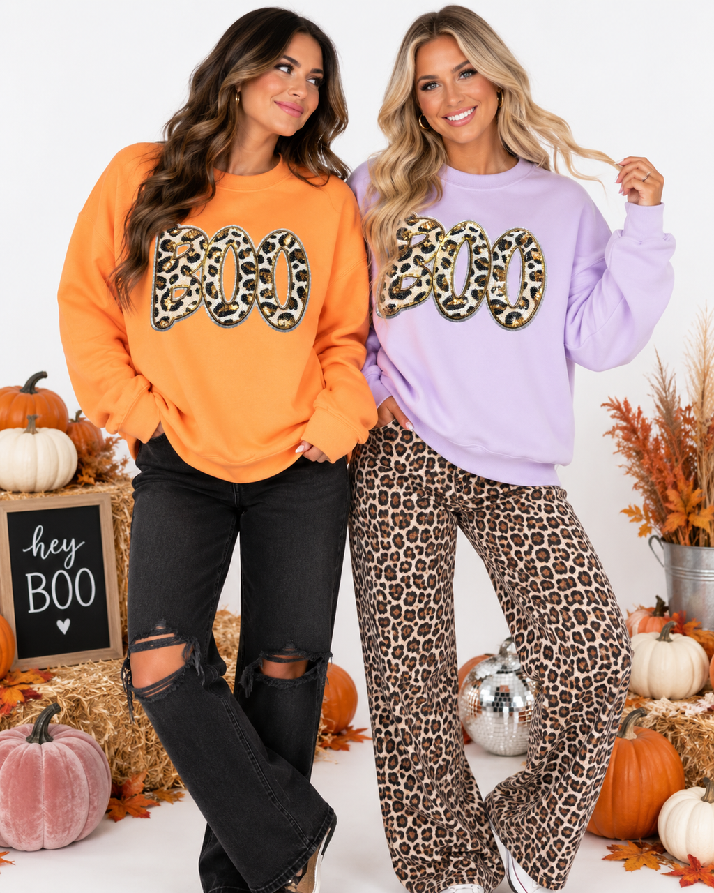 Cheetah Print Boo Halloween Sequin Patch Sweatshirt