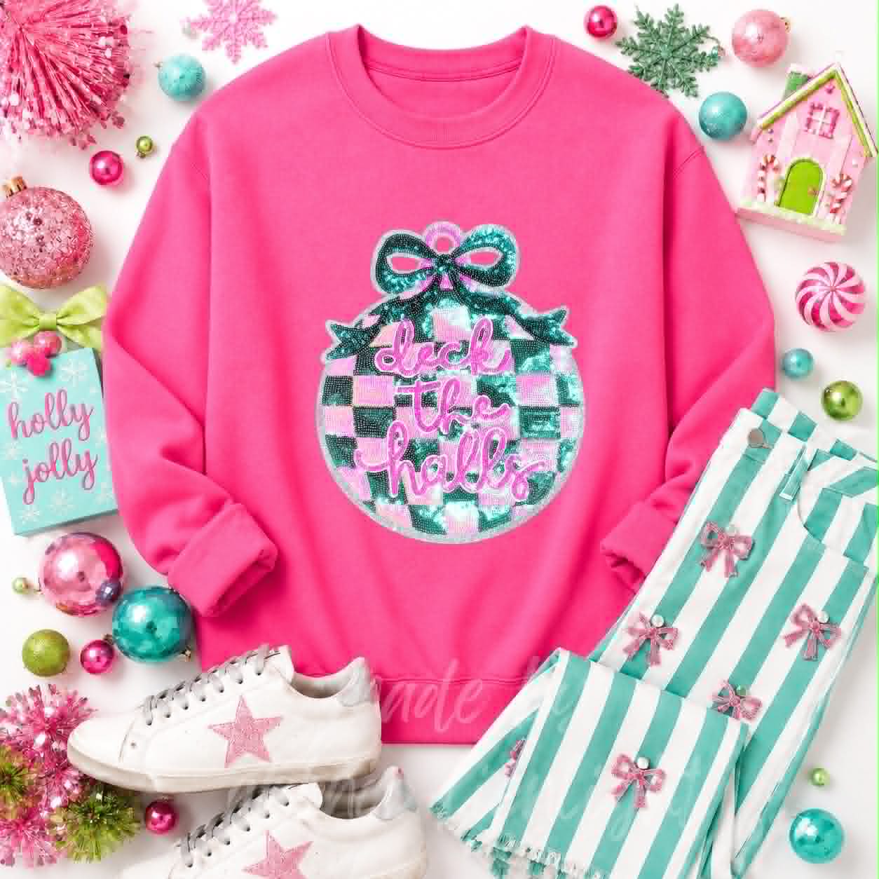 Deck The Halls Ornament Christmas Sequin Patch Sweatshirt