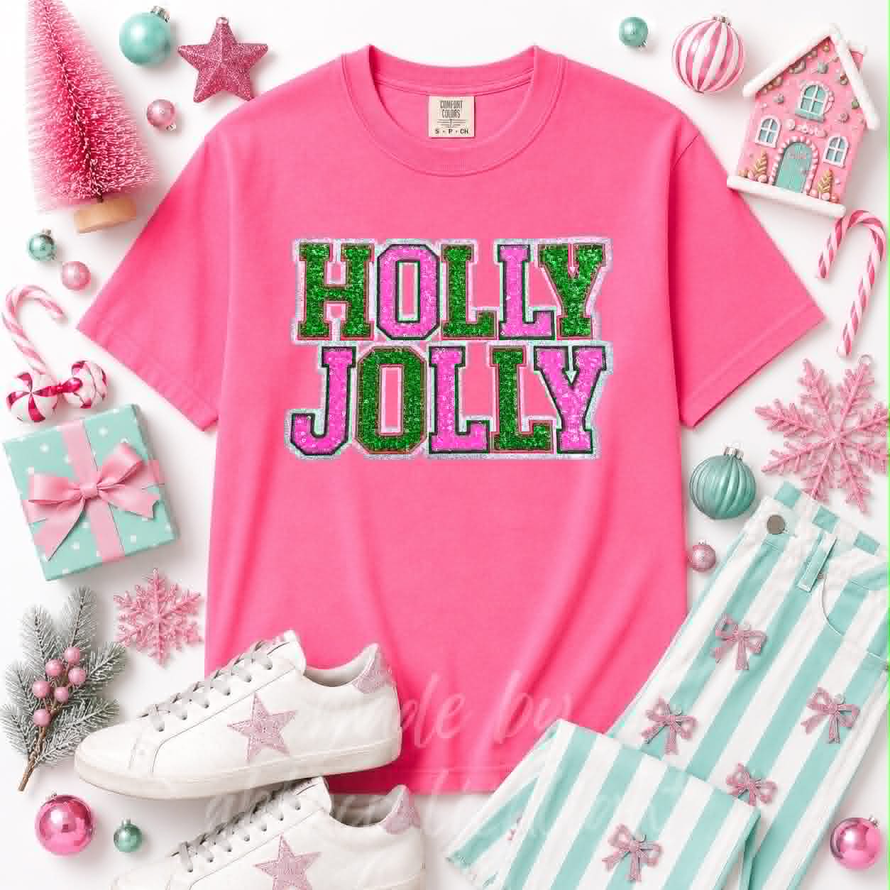 Pink & Green Holly Jolly Christmas Sequin Patch Tshirt