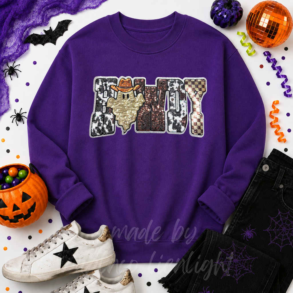 Cow Print Ghost Howdy Halloween Sequin Patch Sweatshirt