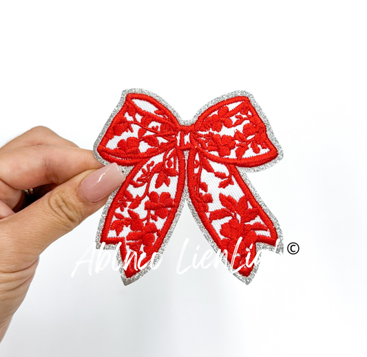 Red Floral Bow Glitter Embroidery Patch