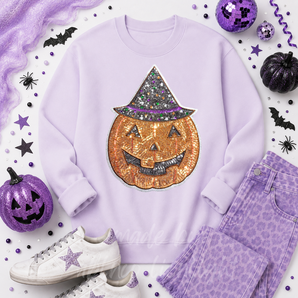 Witchy Pumpkin Halloween Sequin Patch Sweatshirt