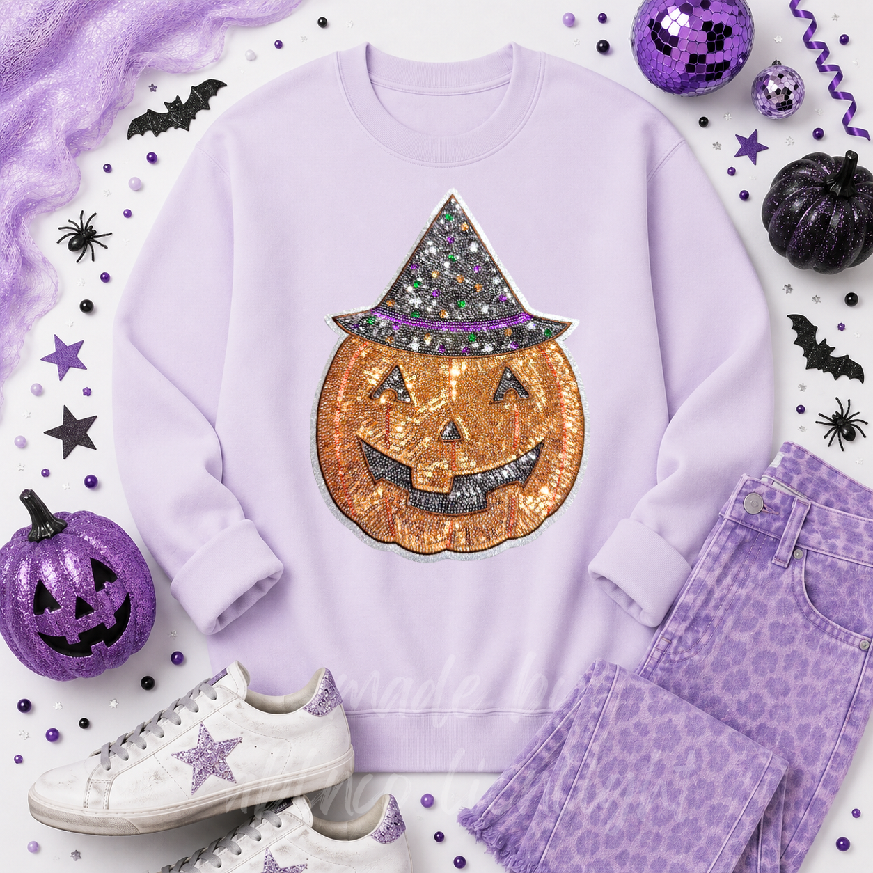 Witchy Pumpkin Halloween Sequin Patch Sweatshirt