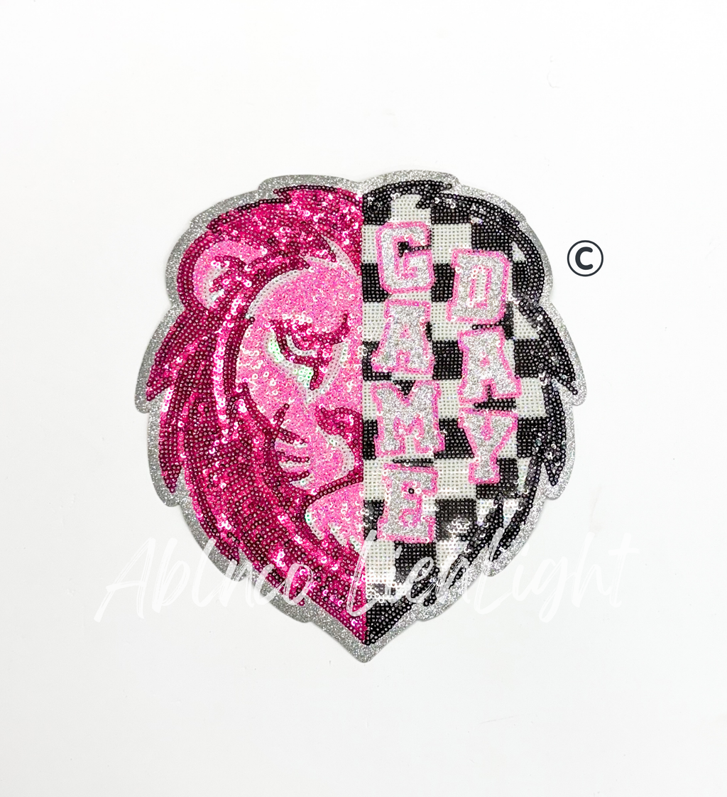 Lion Mascot Pink Checkered Sequin Patch - Large