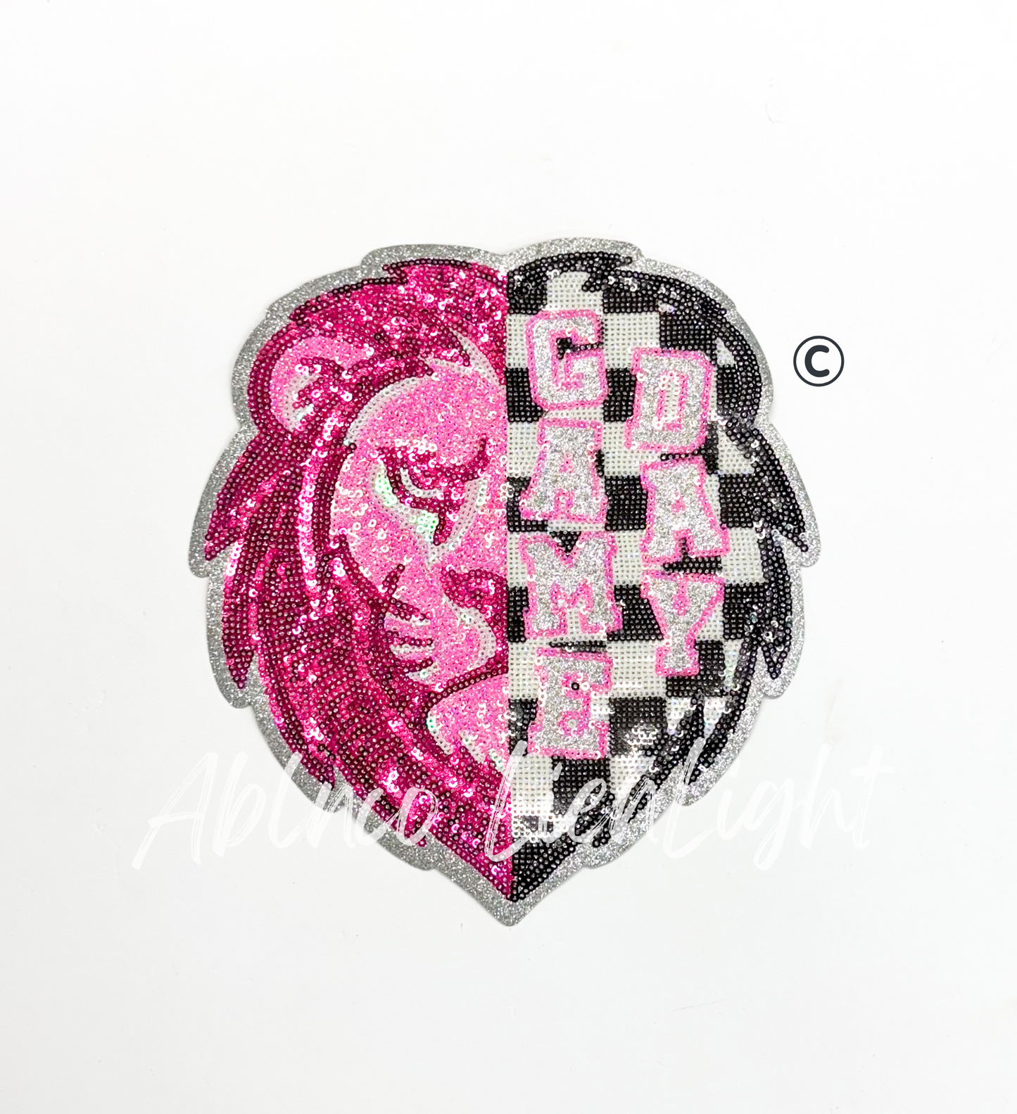 Preppy Pink Checkered Lion Mascot Game Day Sequin Patch