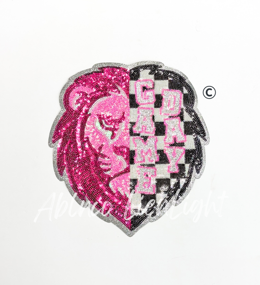 Preppy Pink Checkered Lion Mascot Game Day Sequin Patch