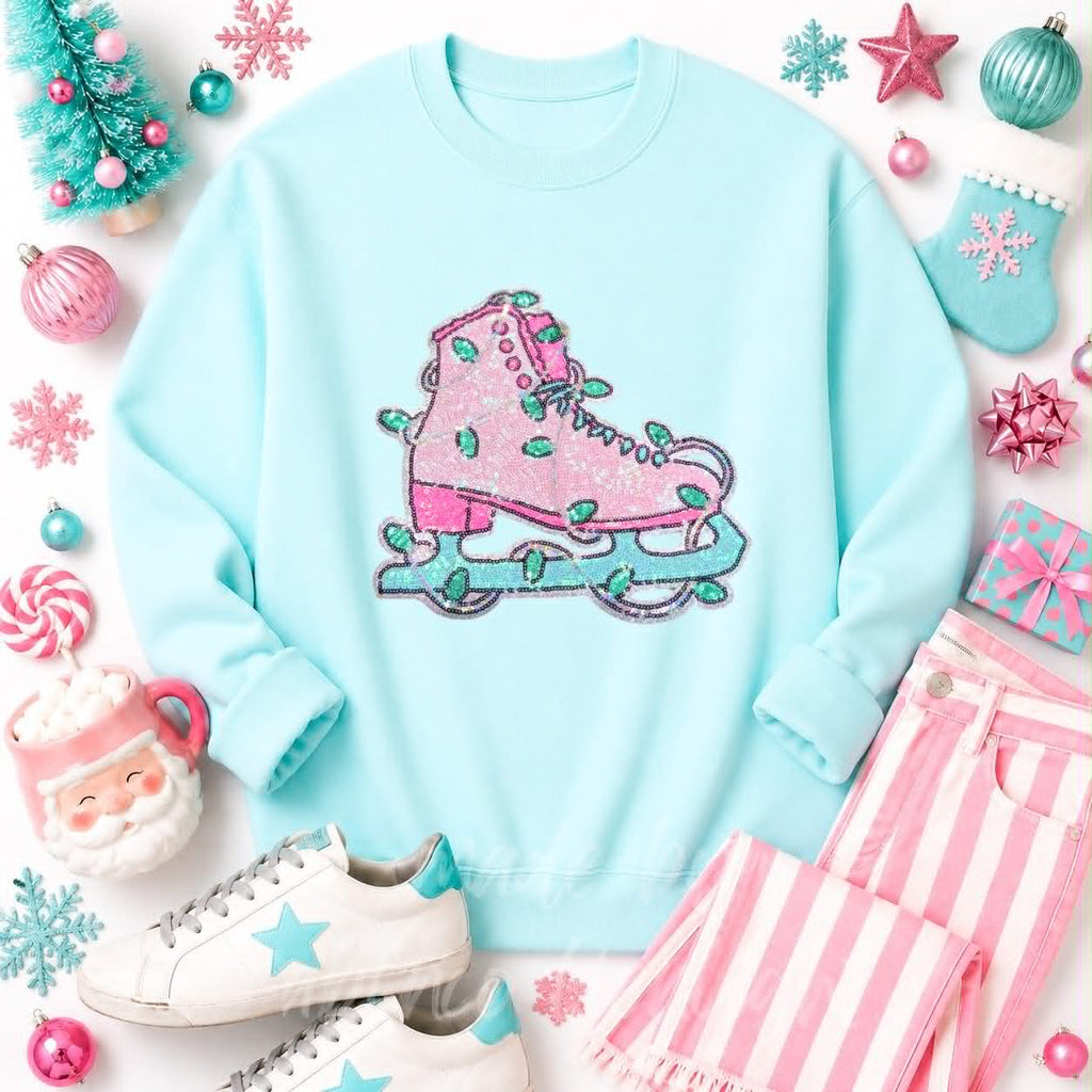 Pink Ice Skate Christmas Sequin Patch Sweatshirt