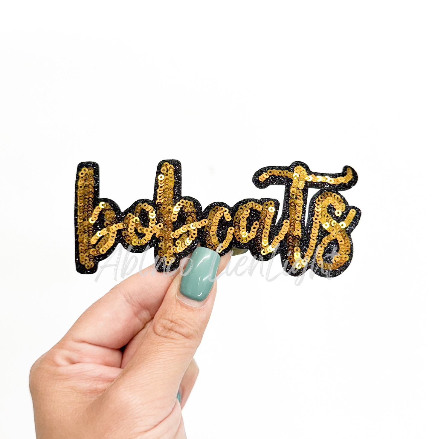 Gold Bobcats Mascot Script Letter Sequin Patch - Small