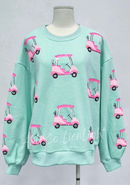 Preppy Pink Golf Cart Sequins Mint Green Sweatshirt