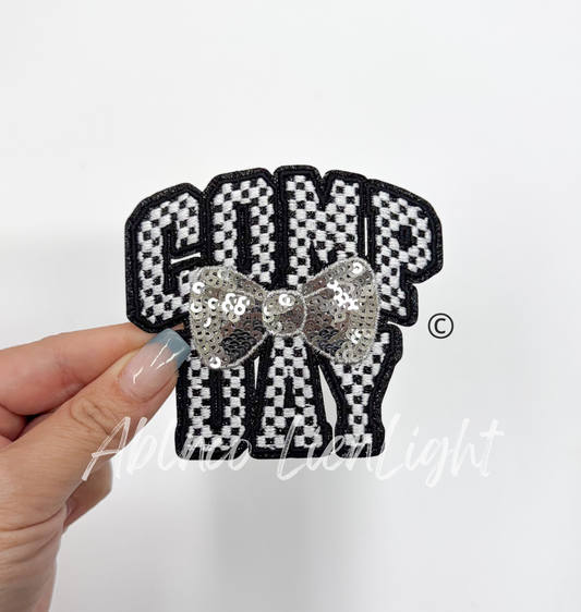 Checkered Comp Day Sequins Silver Bow Embroidery Patch ©️