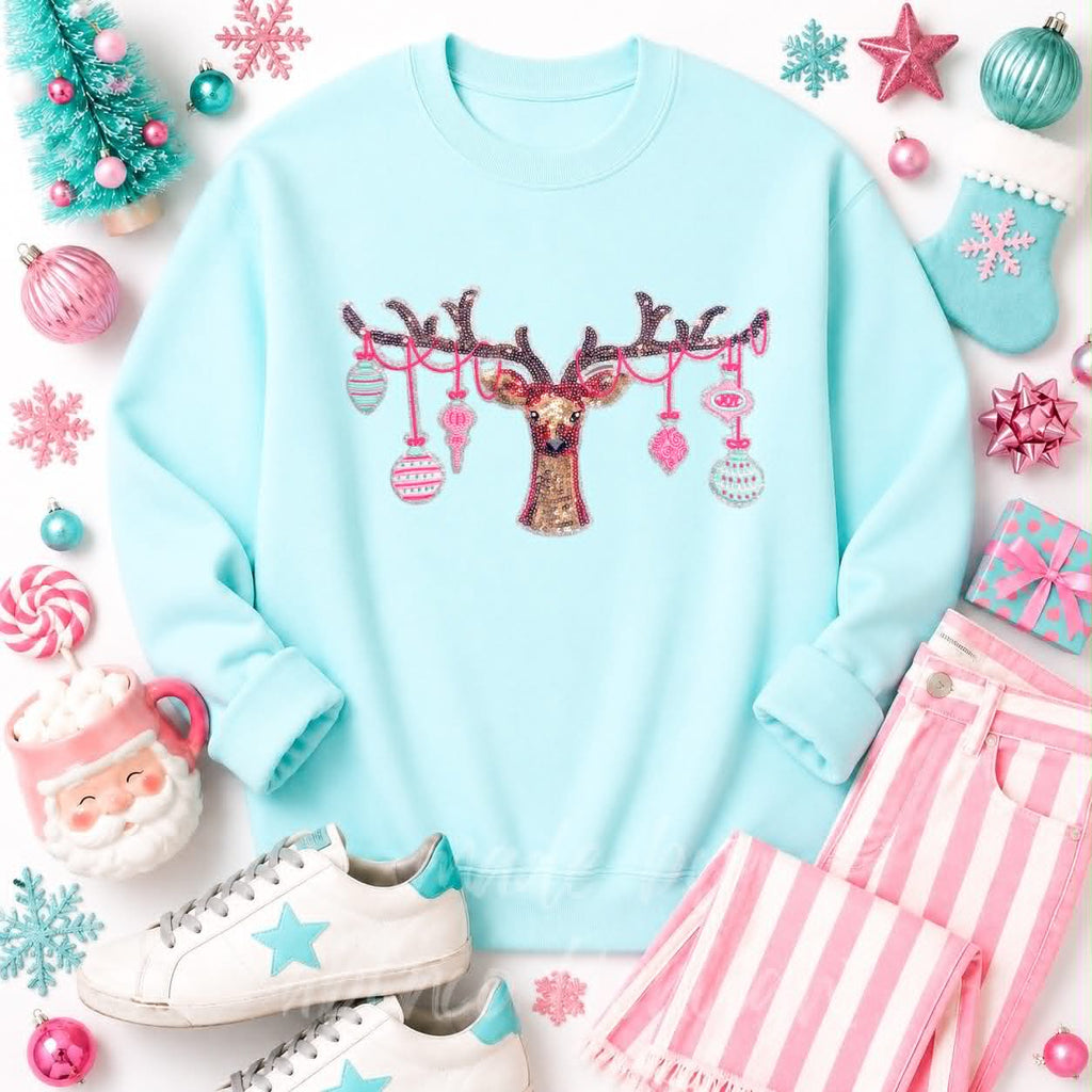 Ornament Reindeer Christmas Sequin Patch Sweatshirt