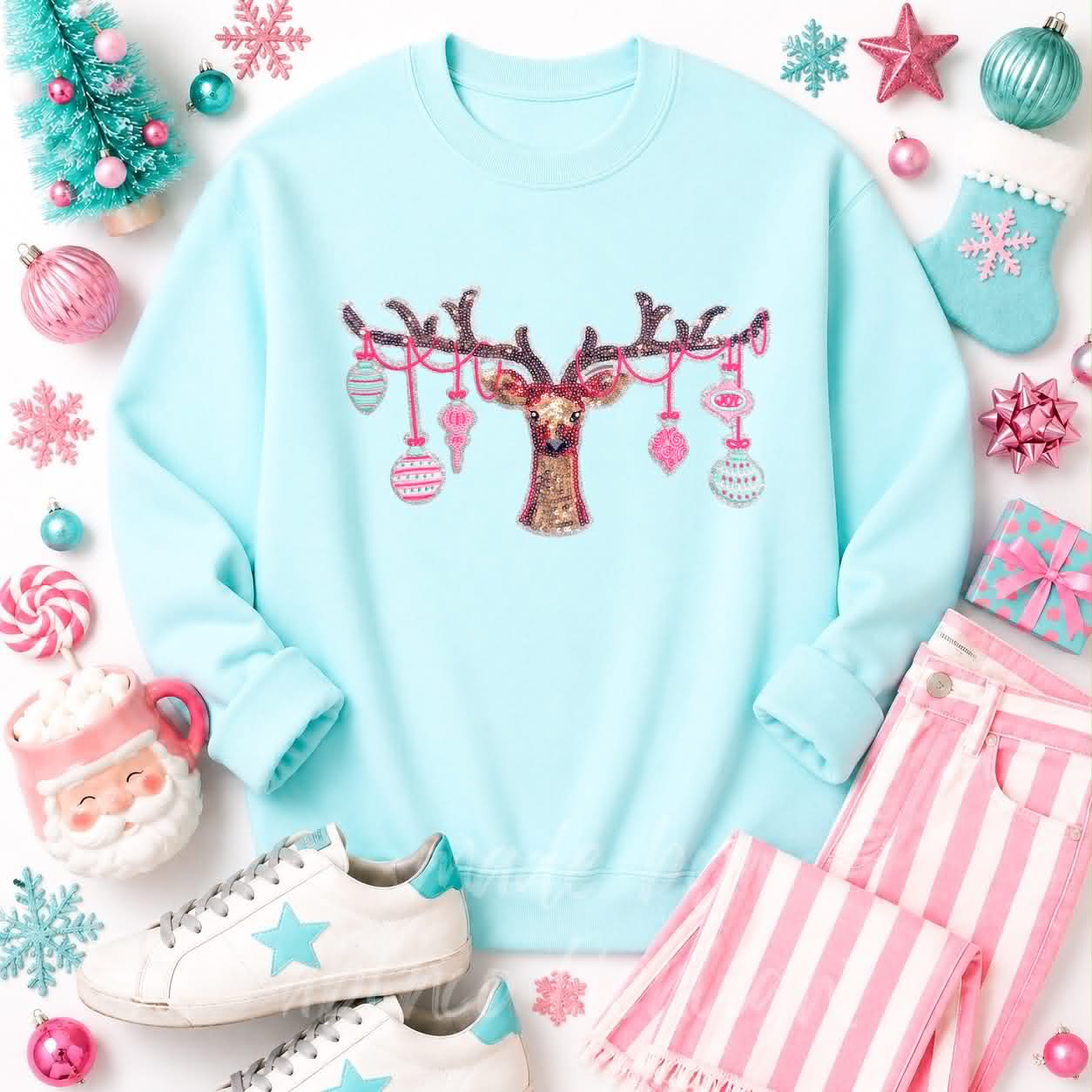 Ornament Reindeer Christmas Sequin Patch Sweatshirt