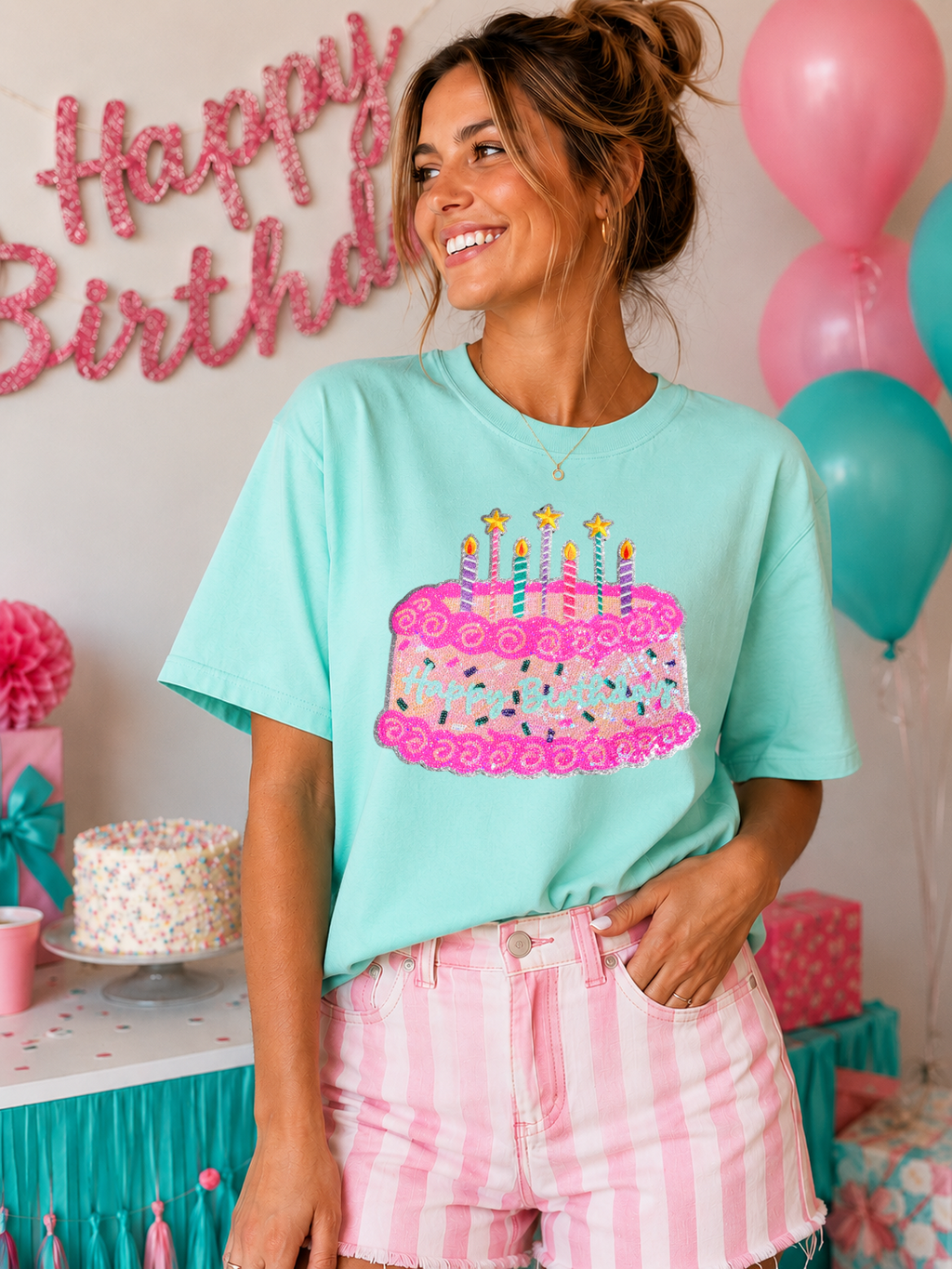 Happy Birthday Cake Pink Sequin Patch - Large