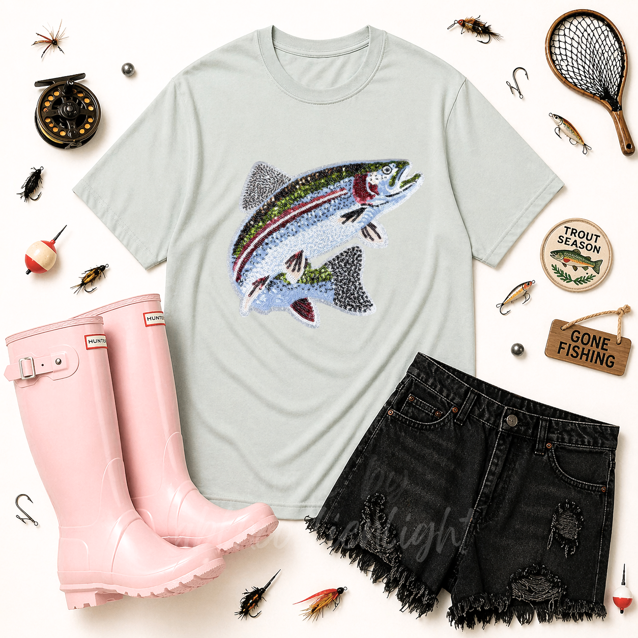 Rainbow Trout Fishing Sequin Patch Tshirt