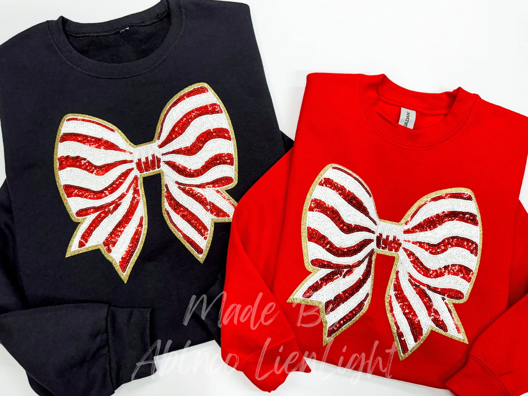 Red Stripe Bow Christmas Sequin Patch - Large