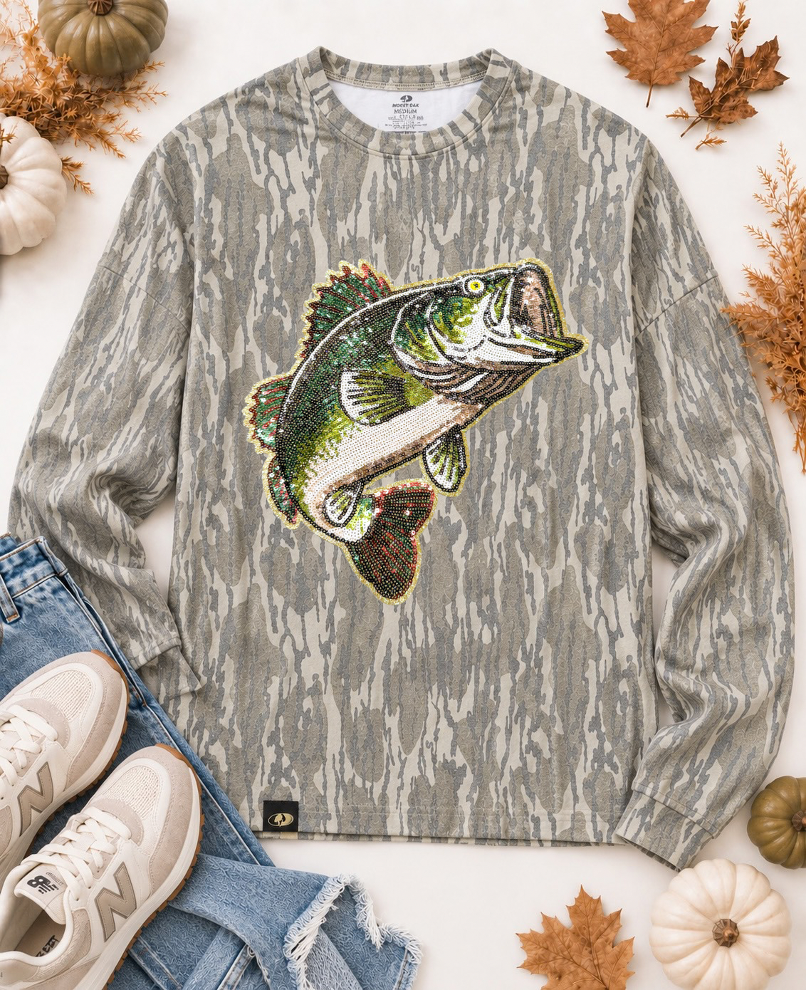 Great Outdoors Hunting Patch Mossy Oak Bottomland Cotton Mill Long Sleeve Tshirt