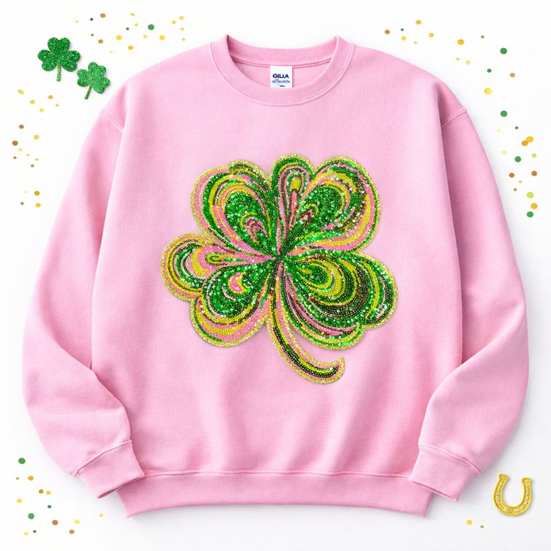 Colorful Ombre Clover St Patricks Day Sequin Patch Sweatshirt