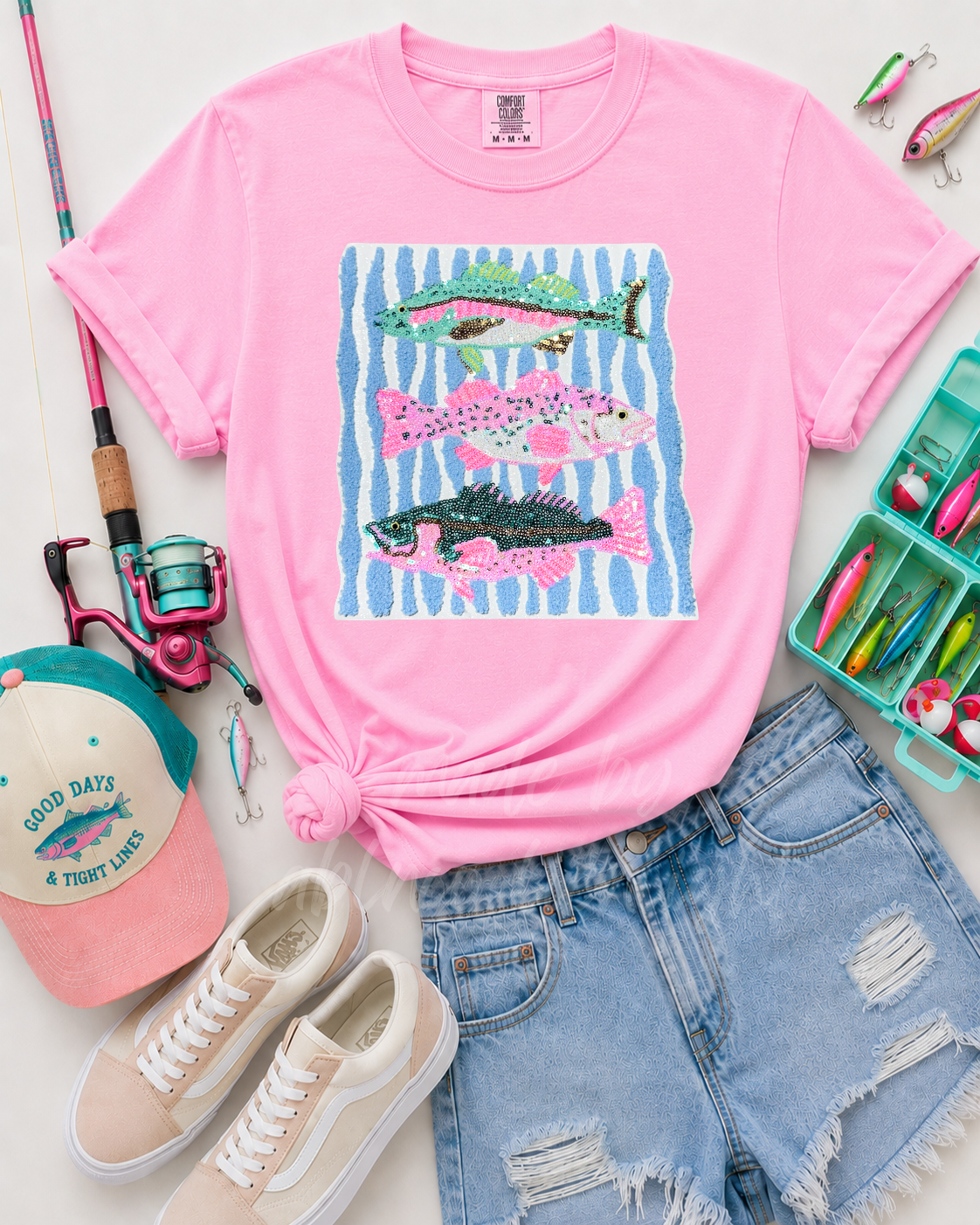Pink & Teal Fish Trio Summer Sequin Patch Tshirt