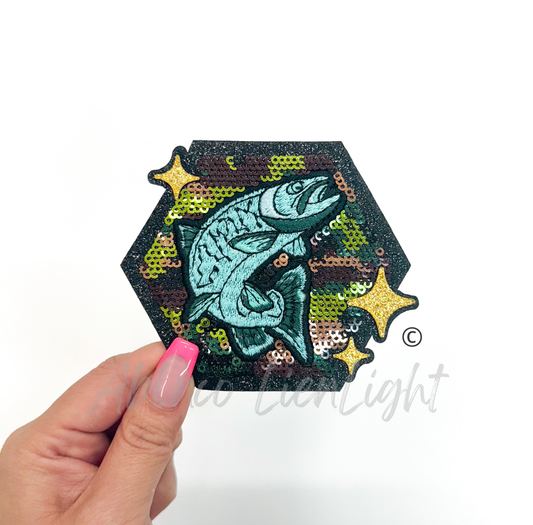 Camo Turquoise Fish Hunting Sequins Patch