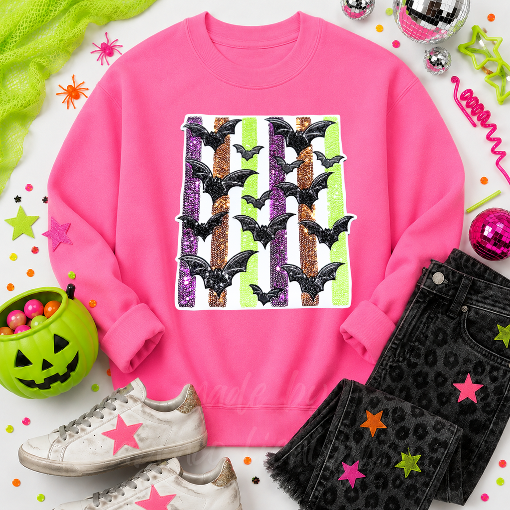 Colorful Striped Bats Halloween Sequin Patch Sweatshirt