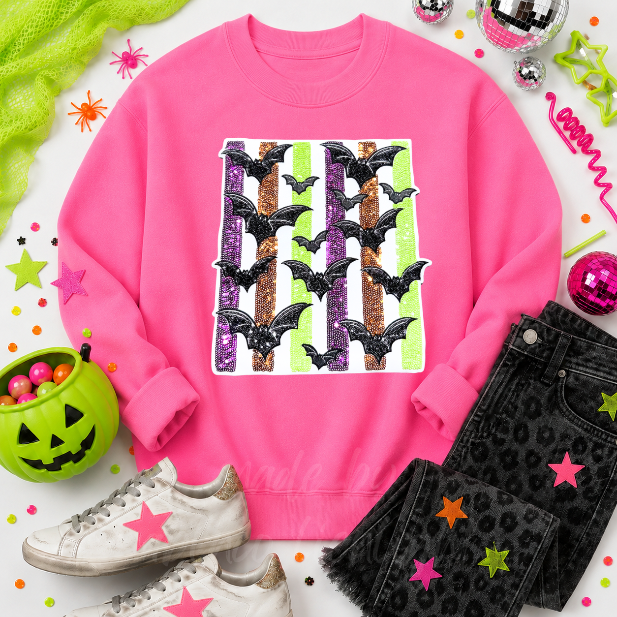 Colorful Striped Bats Halloween Sequin Patch Sweatshirt