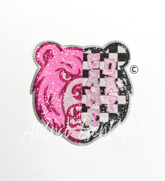 Preppy Pink Checkered Bear Mascot Game Day Sequin Patch