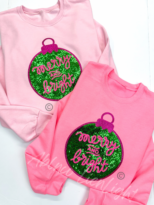 Merry & Bright Ornament©️ Christmas Sequins Chenille Patch Sweatshirt