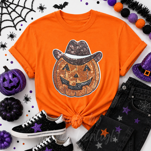 Cowboy Pumpkin Halloween Sequin Patch Tshirt