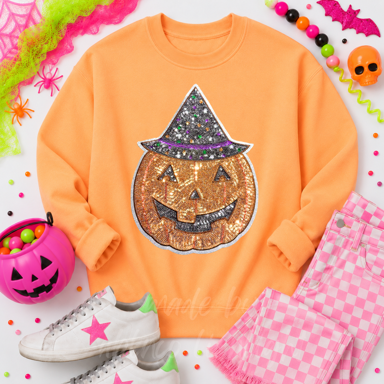 Witchy Pumpkin Halloween Sequin Patch Sweatshirt
