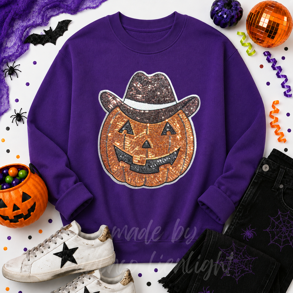 Cowboy Pumpkin Halloween Sequin Patch Sweatshirt
