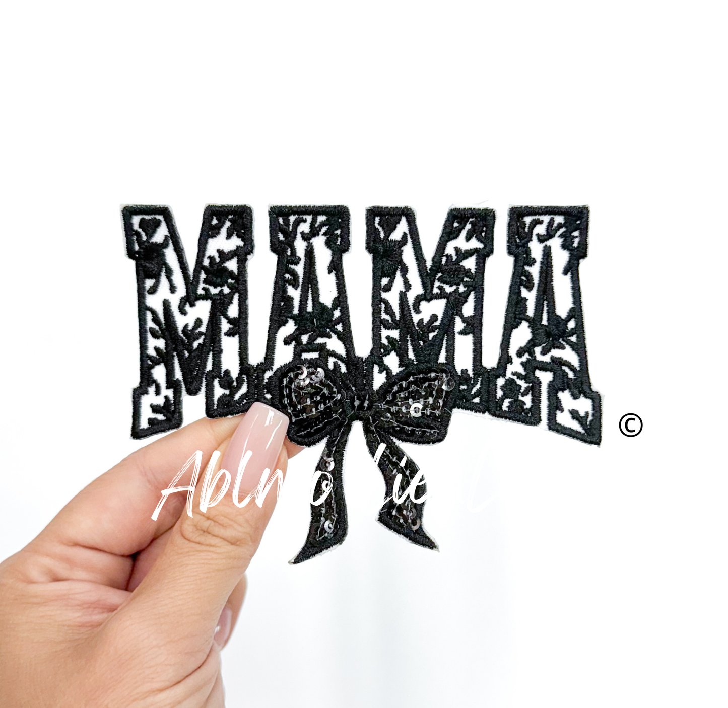 Black Floral Mama Sequins Bow Embroidery Patch