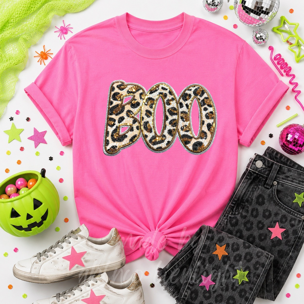 Cheetah Print Boo Halloween Sequin Patch Tshirt