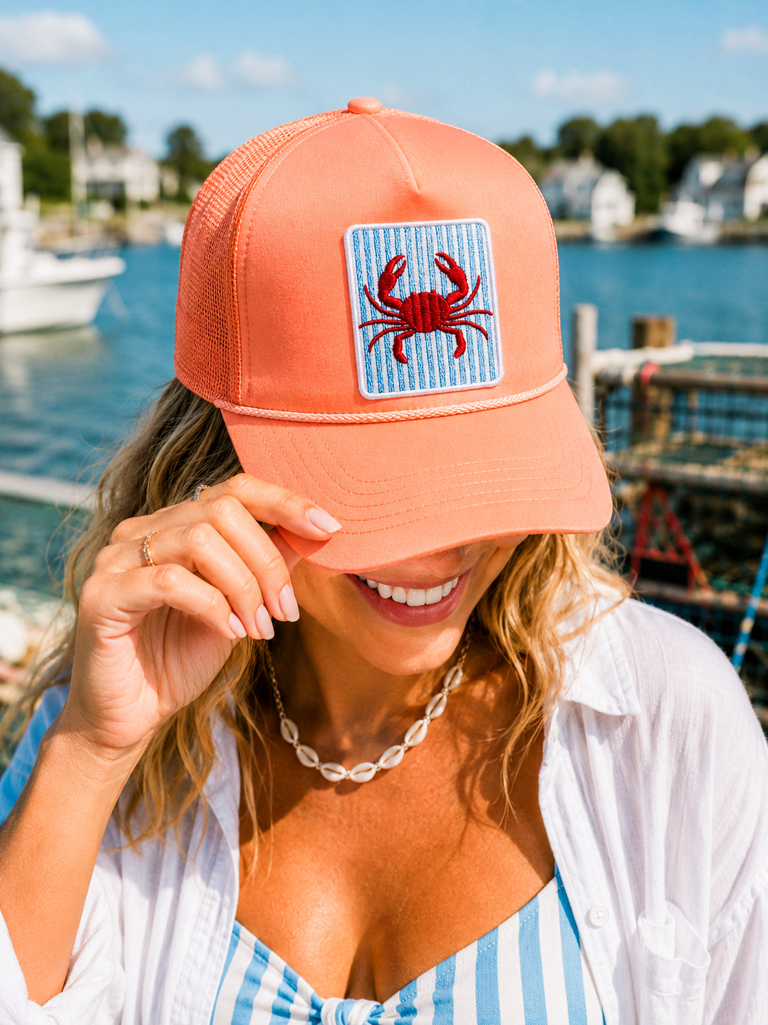 Blue Striped Crab Summer Embroidery Patch Otto Trucker Hat