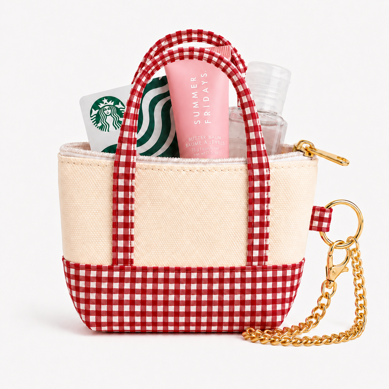 Red Gingham Mini Tote Bag Keychain | Zippered Purse Charm & Pouch
