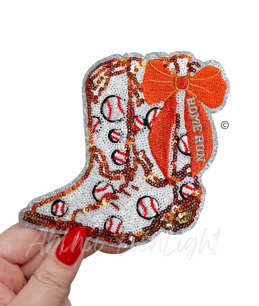 Baseball Homerun Star Orange Bow Boots Sequin Patch - Small