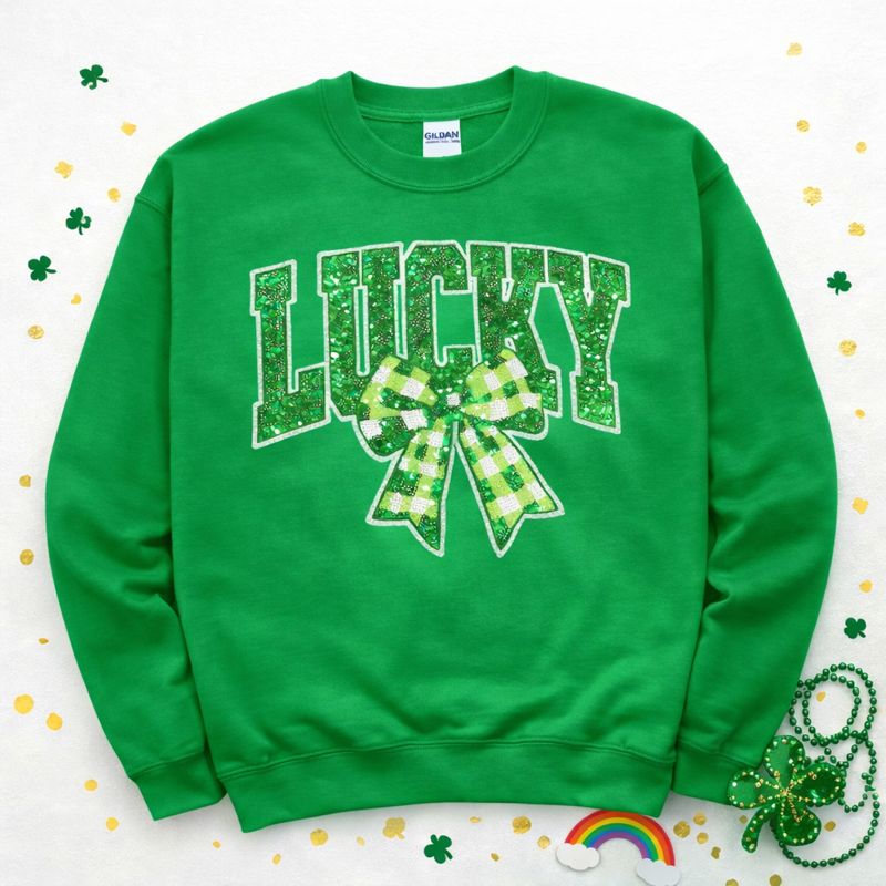 Lucky Green Checkered Bow St Patricks Day Sequin Patch Sweatshirt