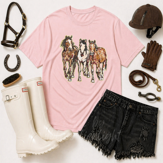 Horses Farming Sequin Patch Tshirt