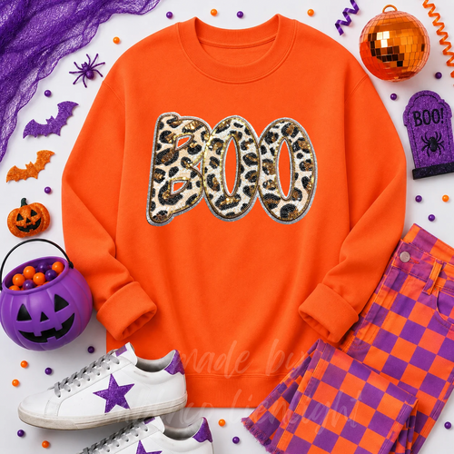Cheetah Print Boo Halloween Sequin Patch - Large